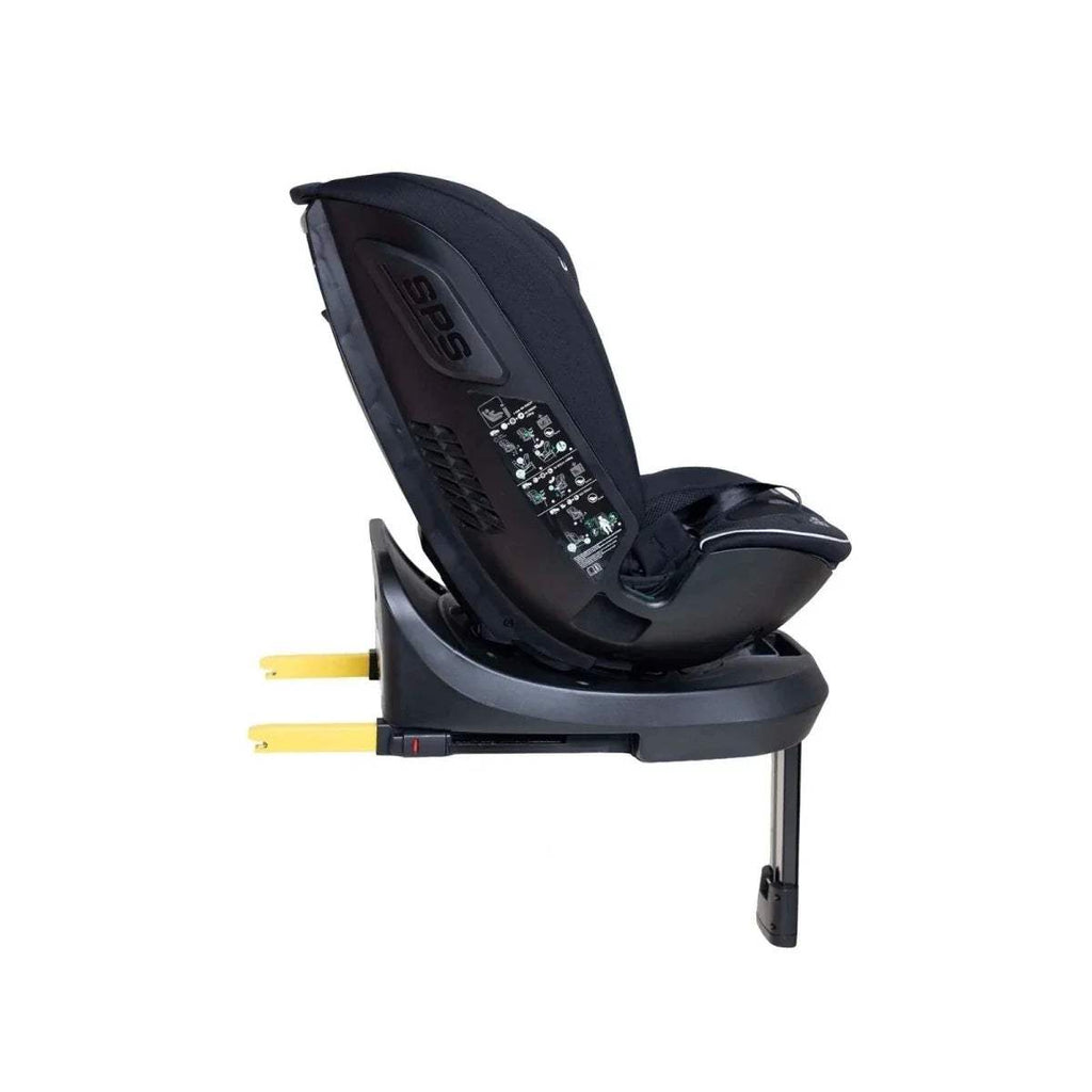 Black car seat angled view showing base indicators, side shield, and harness