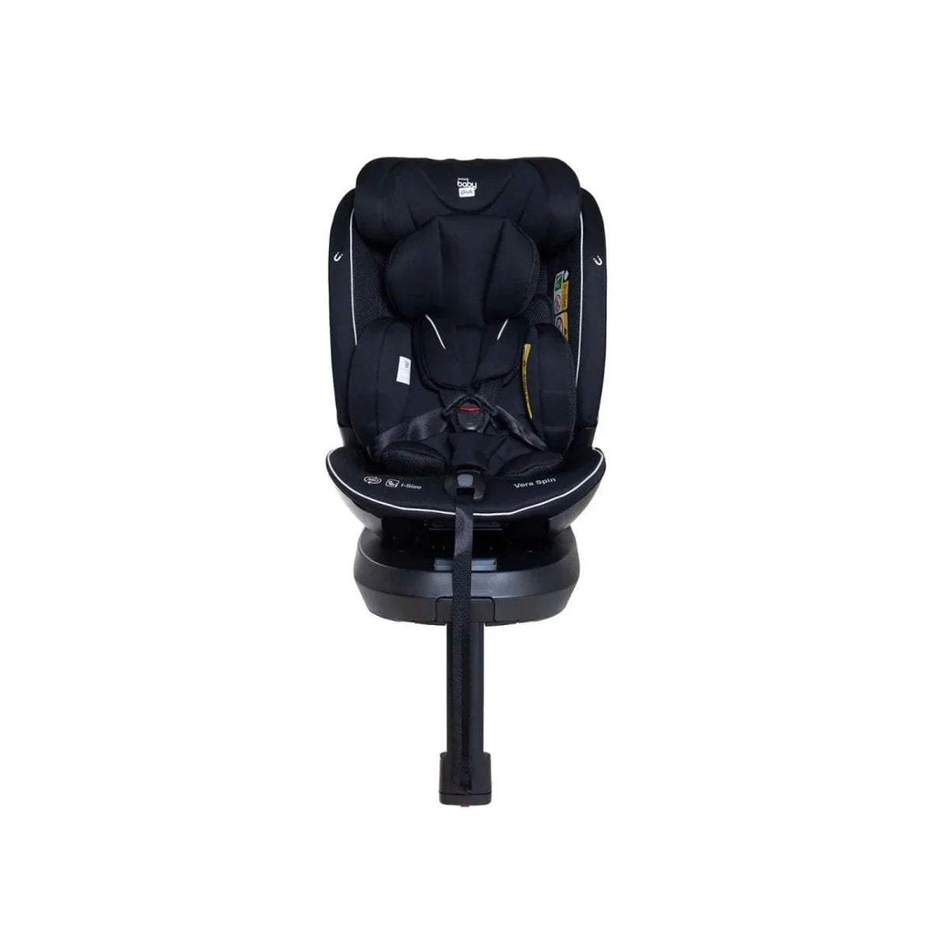 Black baby car seat front view with padded straps, headrest, and 360 rotating base