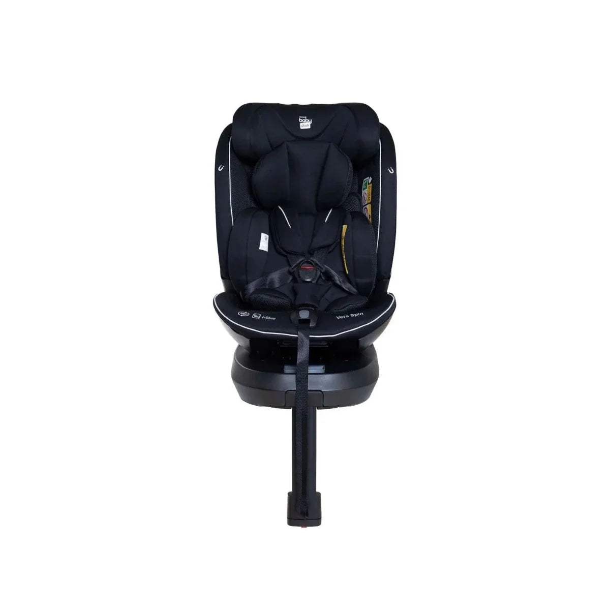 Black baby car seat front view with padded straps, headrest, and 360 rotating base