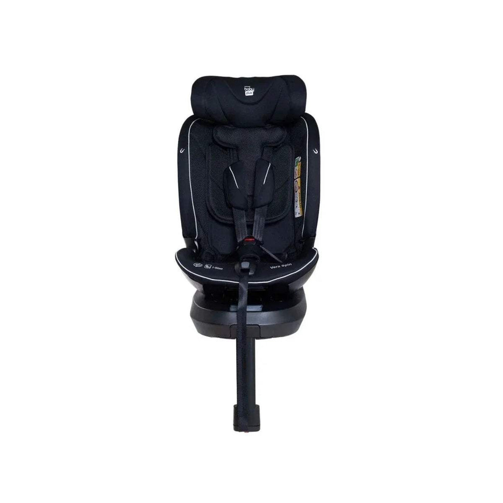 Black baby car seat with padded headrest, five-point harness, and swivel base