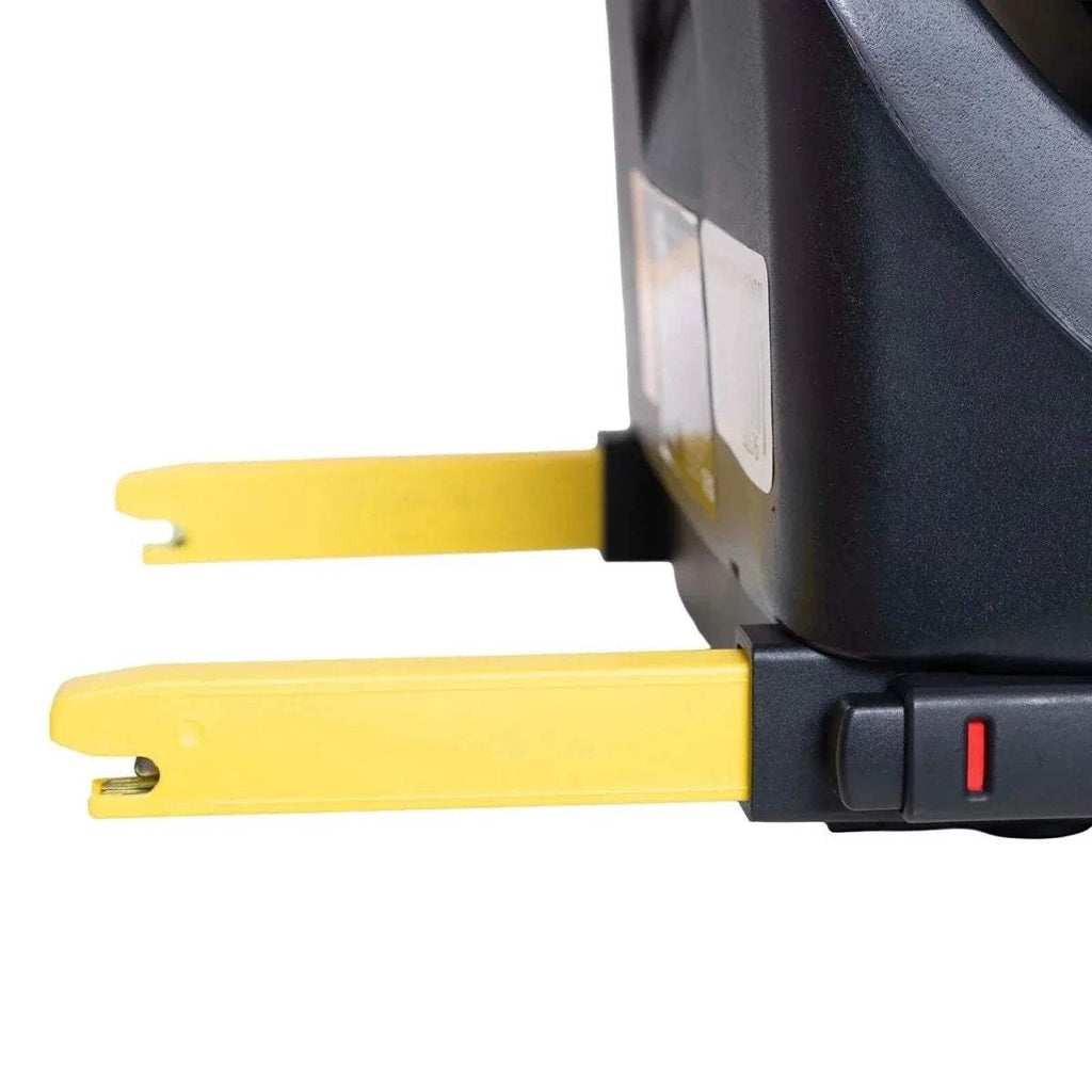 Black car seat base with release lever and yellow installation strap