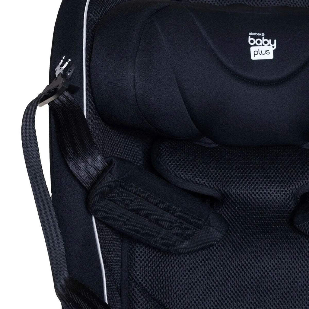 Black car seat padding with mesh insert and “baby plus” logo