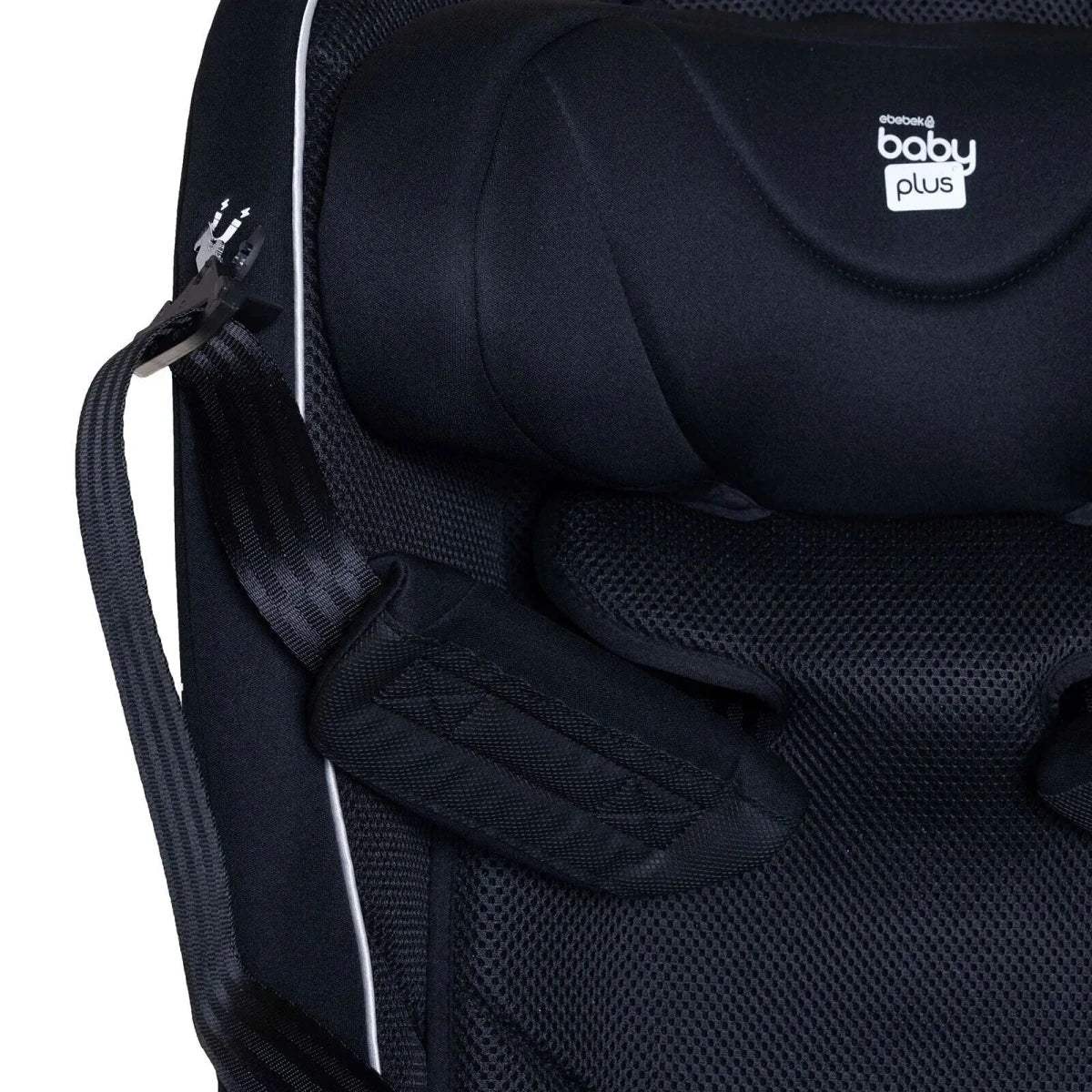 Black car seat padding with mesh insert and “baby plus” logo