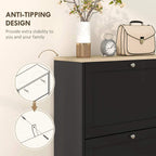 Black shoe storage cabinet with anti-tip design and front drawer with metal knobs