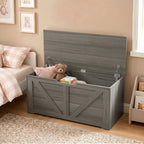 Dark grey wood-effect storage box with open lid and safety hinges, stuffed toy inside