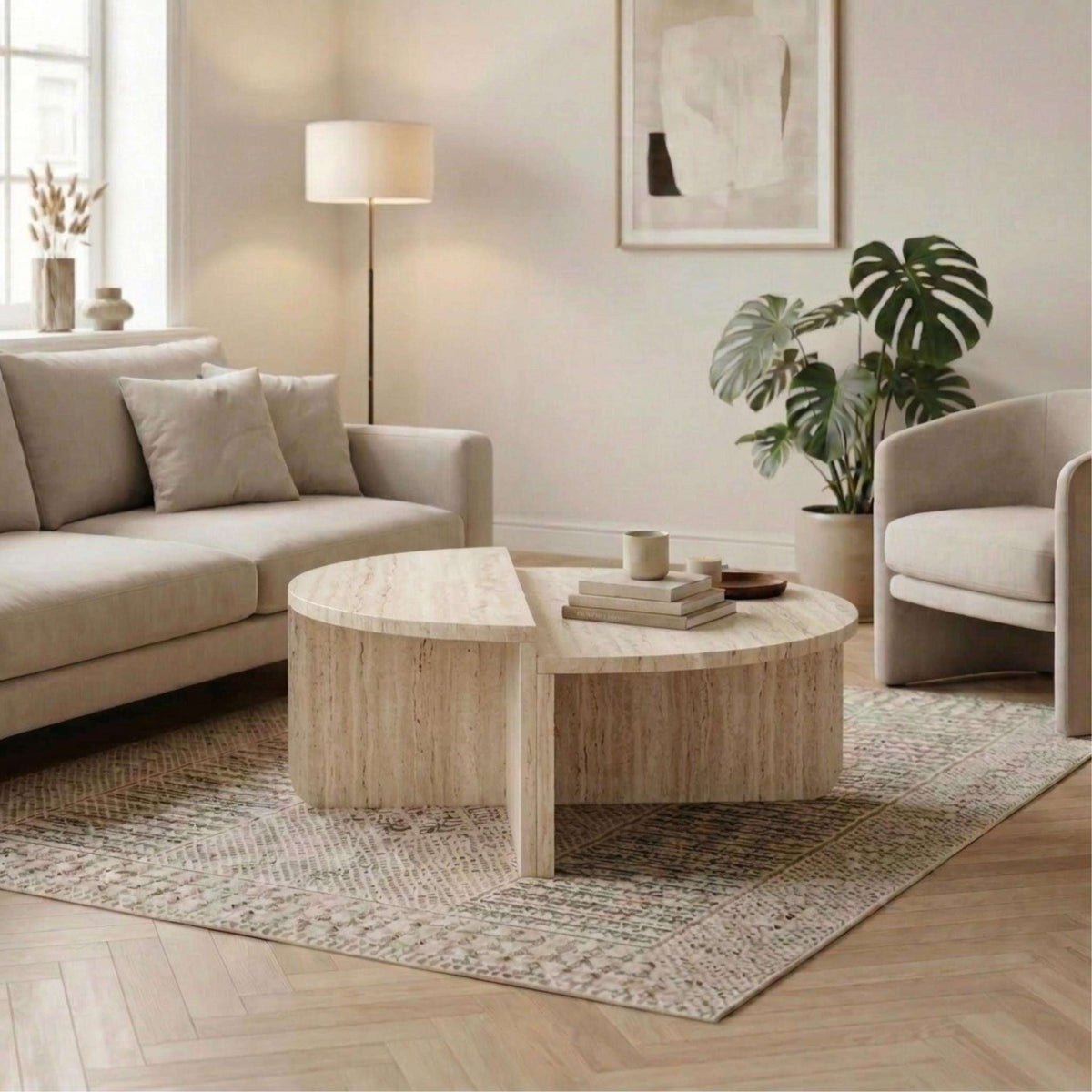 Modern round coffee table with travertine-look tabletop and deep oud wood frame