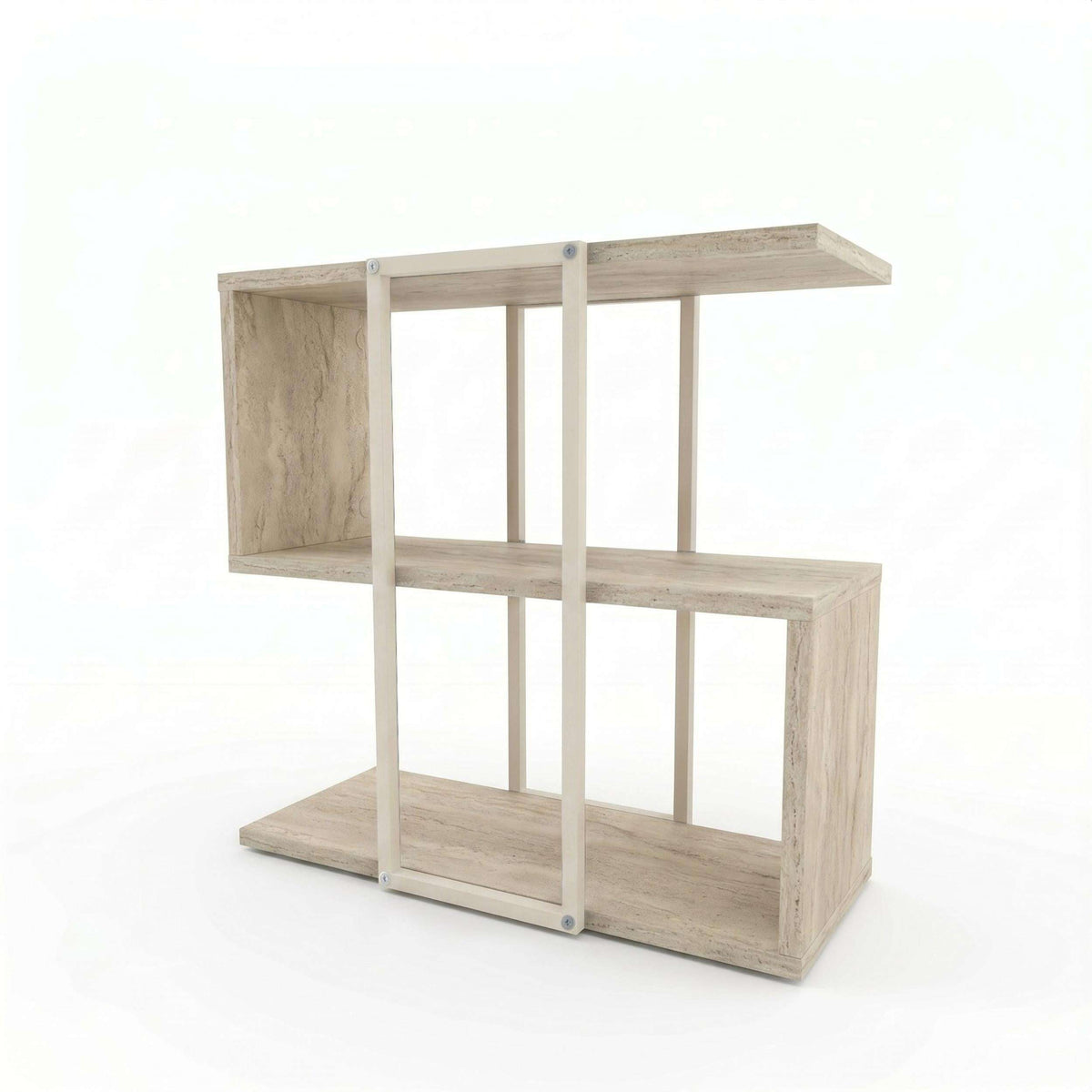 Stepped side table with open shelves, light natural wood with squared vertical frame