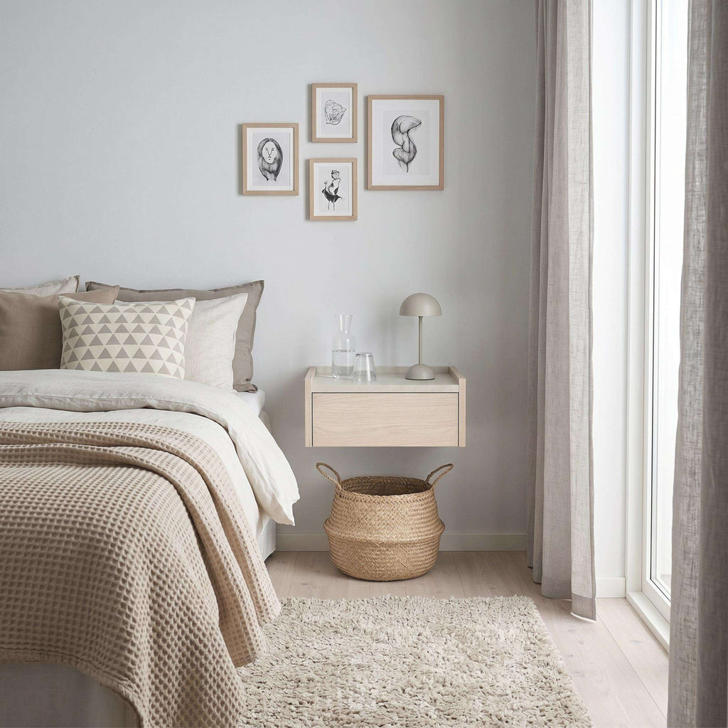 Floating bedside table with drawer and top shelf, light wood, minimalist bedroom setting