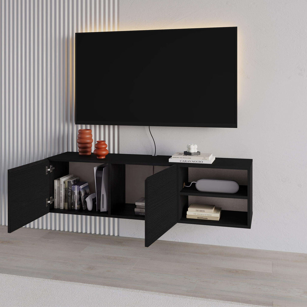 Black wall-mounted TV unit with open doors showing shelves and media storage