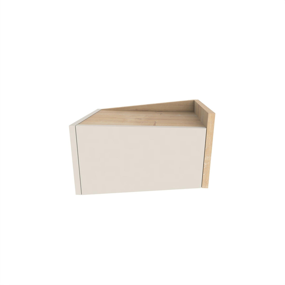 Floating bedside table with open top shelf and front drawer, light oak and white