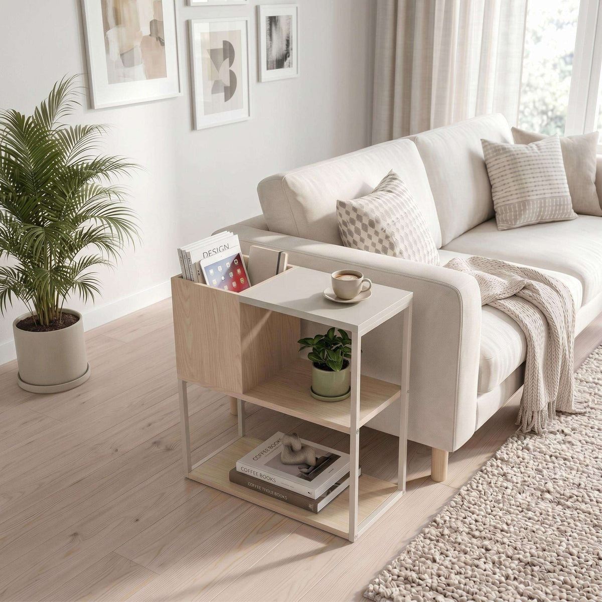 Light wood side table with open storage shelves for books and decor