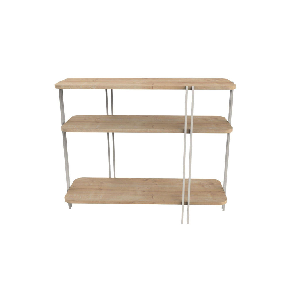 Console table with shelves in light wood, three-tier design with metal legs