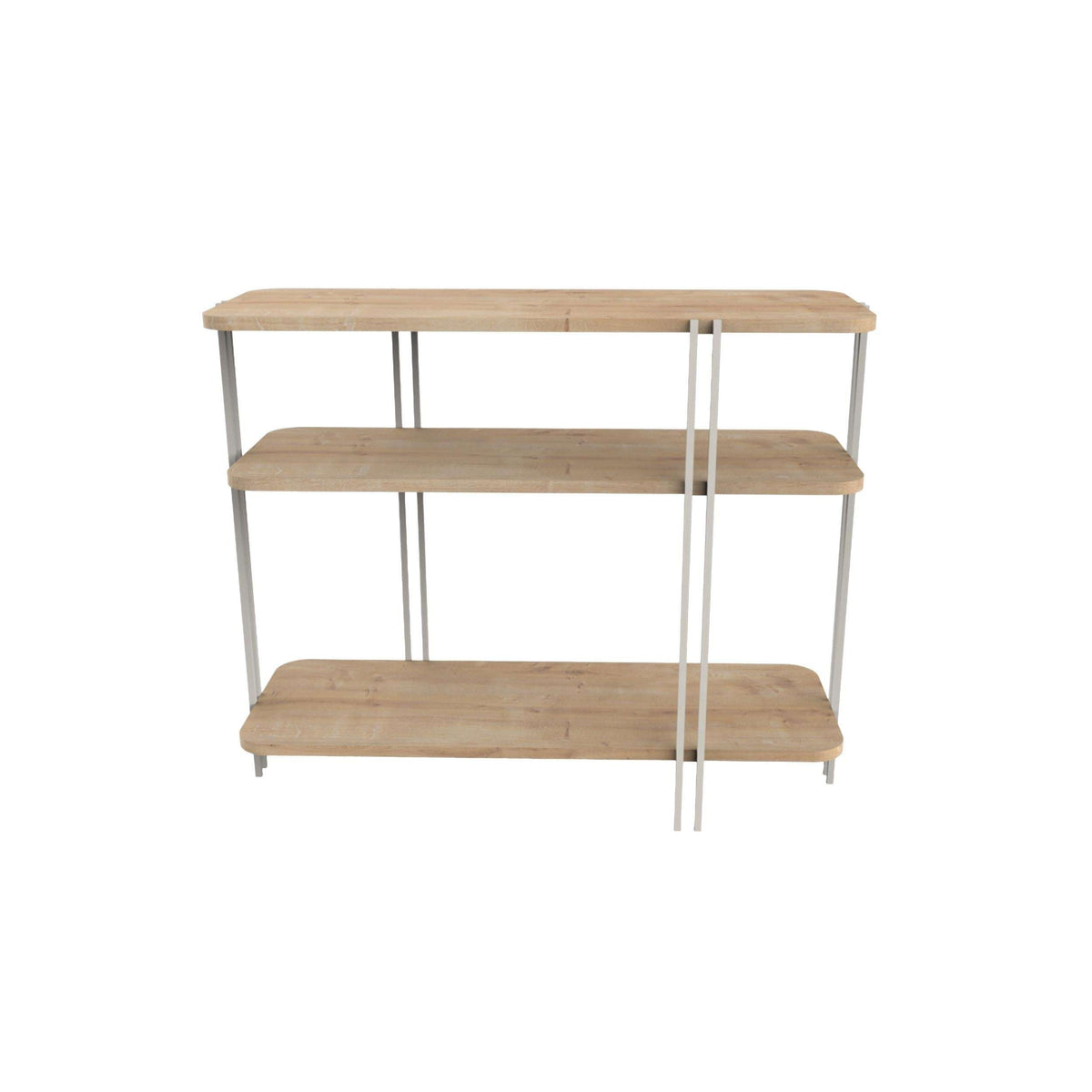 Console table with shelves in light wood, three-tier design with metal legs