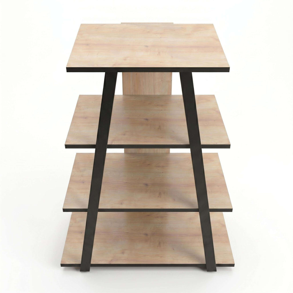 Angled mini TV entertainment unit with open shelves, light wood shelves and black legs