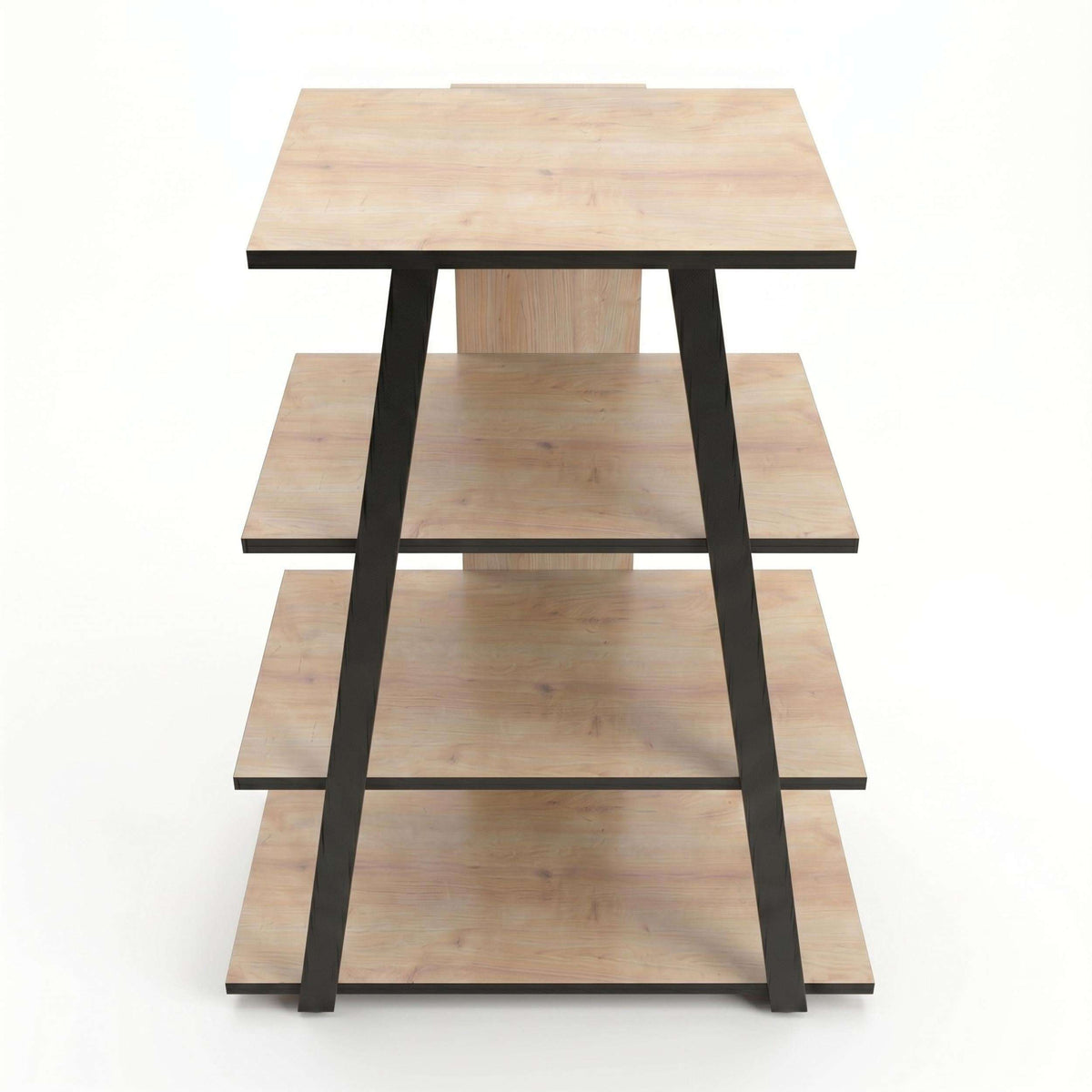 Angled mini TV entertainment unit with open shelves, light wood shelves and black legs