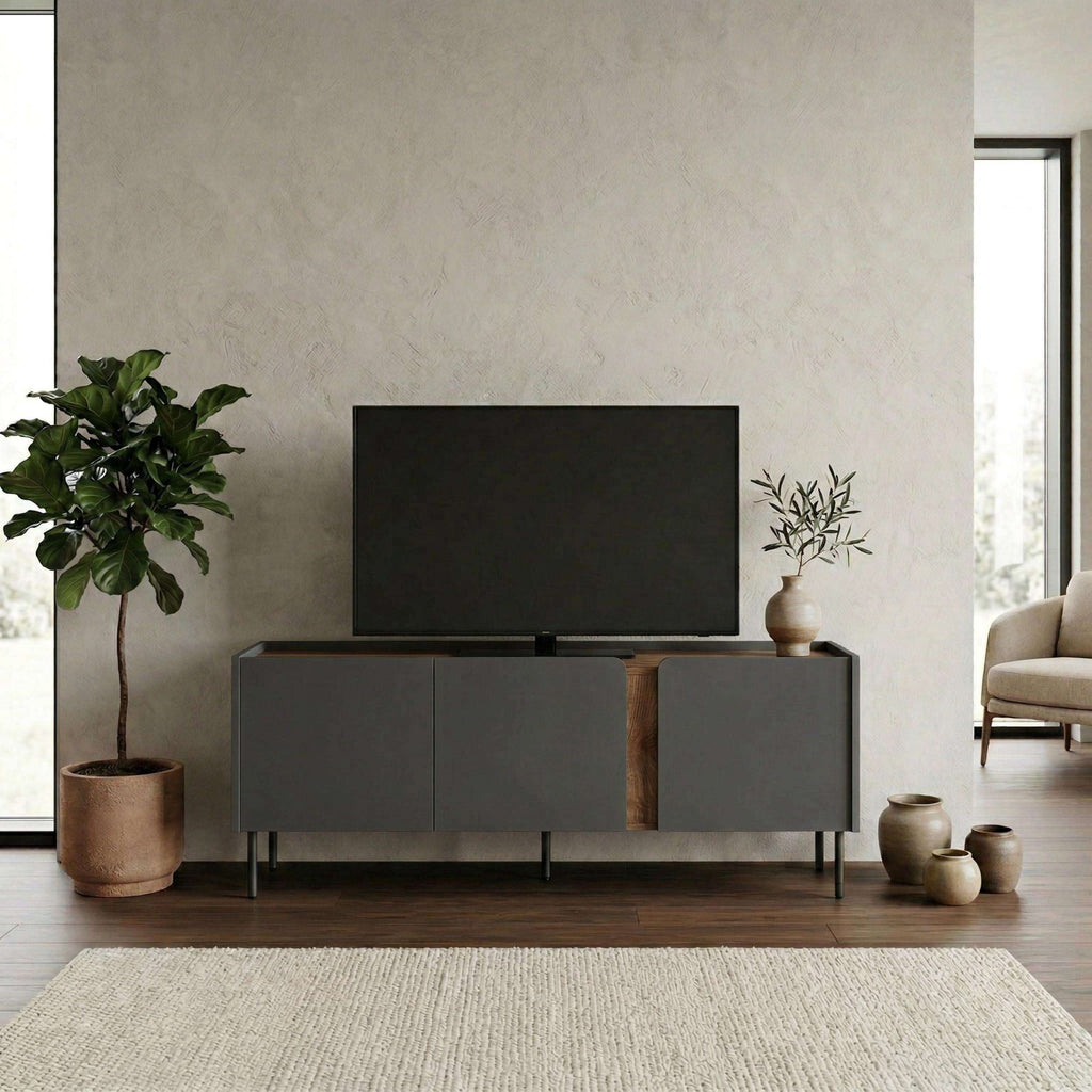 TV unit with three doors in dark gray, natural oak frame, black legs and media shelf