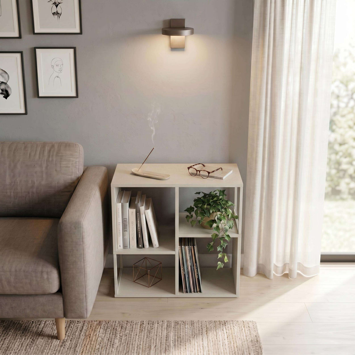 Dark oak mini bookcase side table with open cube shelving for books and decor