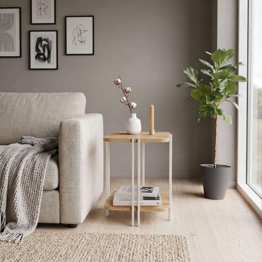 Two-tier side table with light wood top, white frame, and lower shelf.