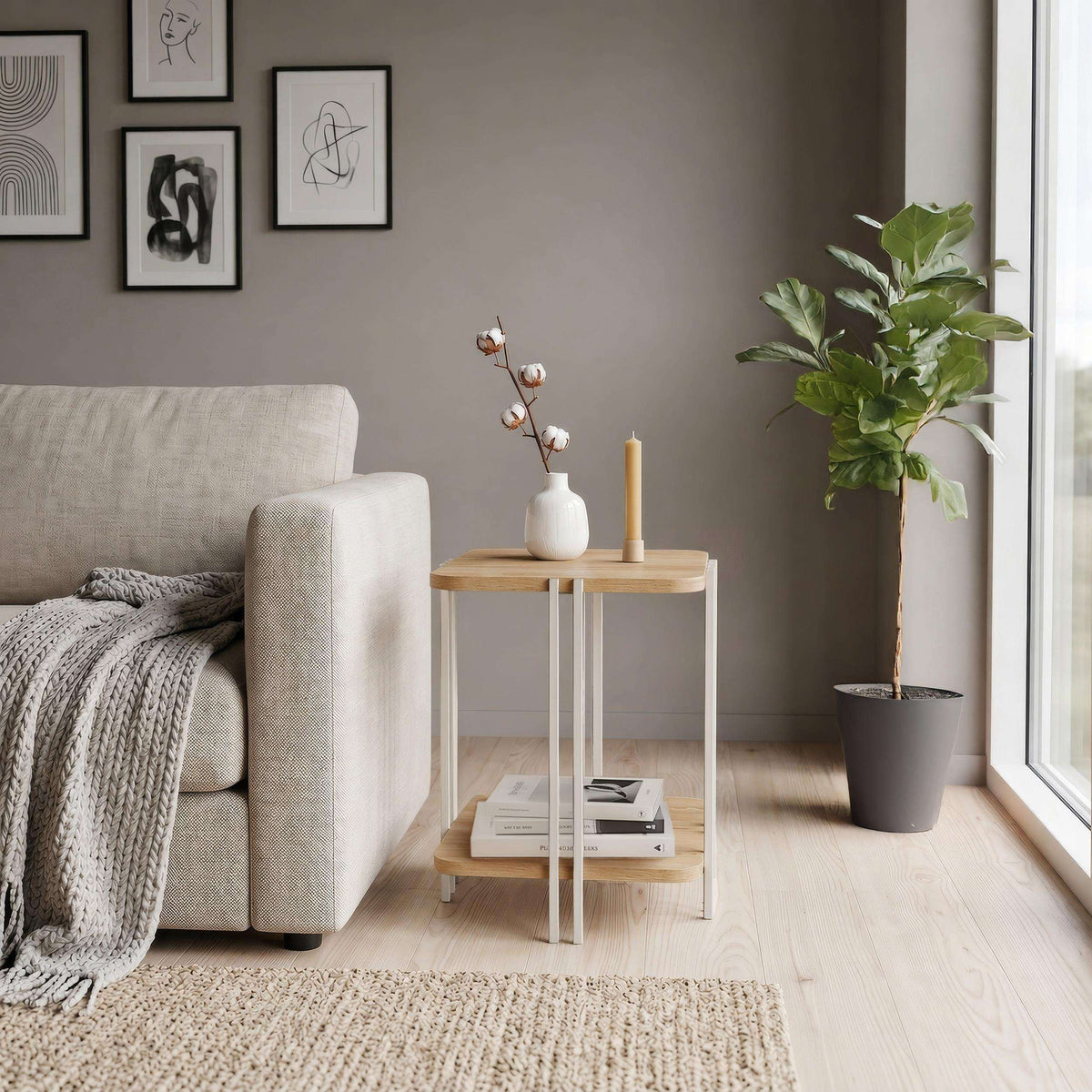 Two-tier side table with light wood top, white frame, and lower shelf.