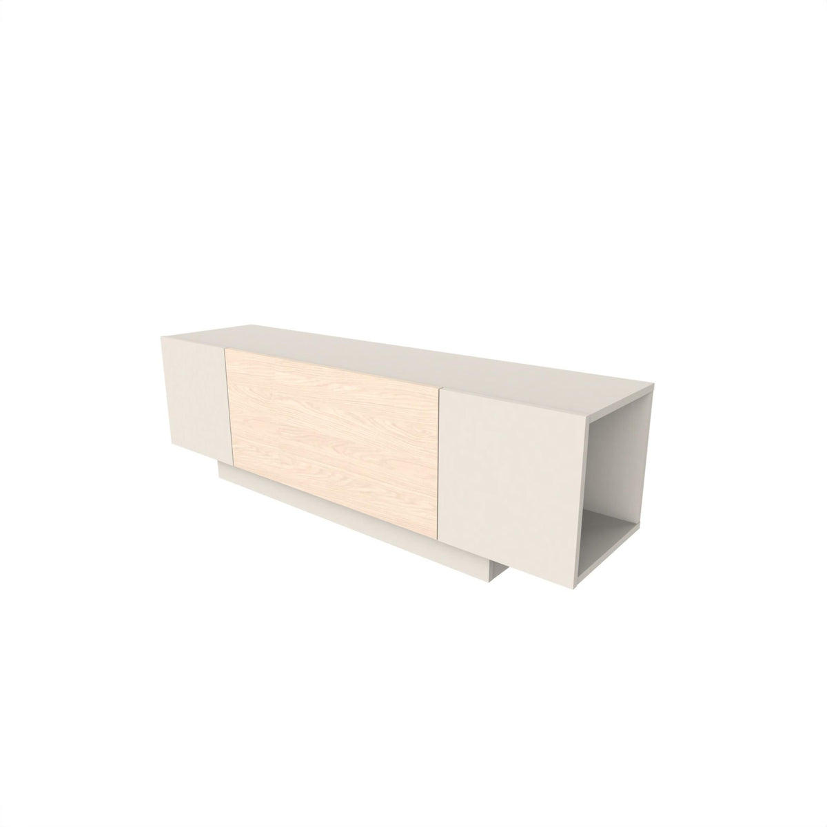 White and oak TV console with side panels and central open shelf