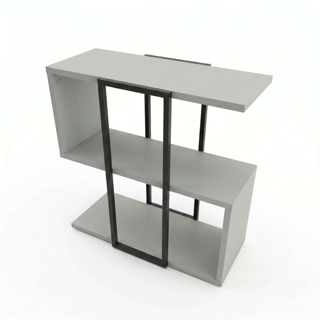 Stepped side table with open shelves, light gray finish with dark vertical supports