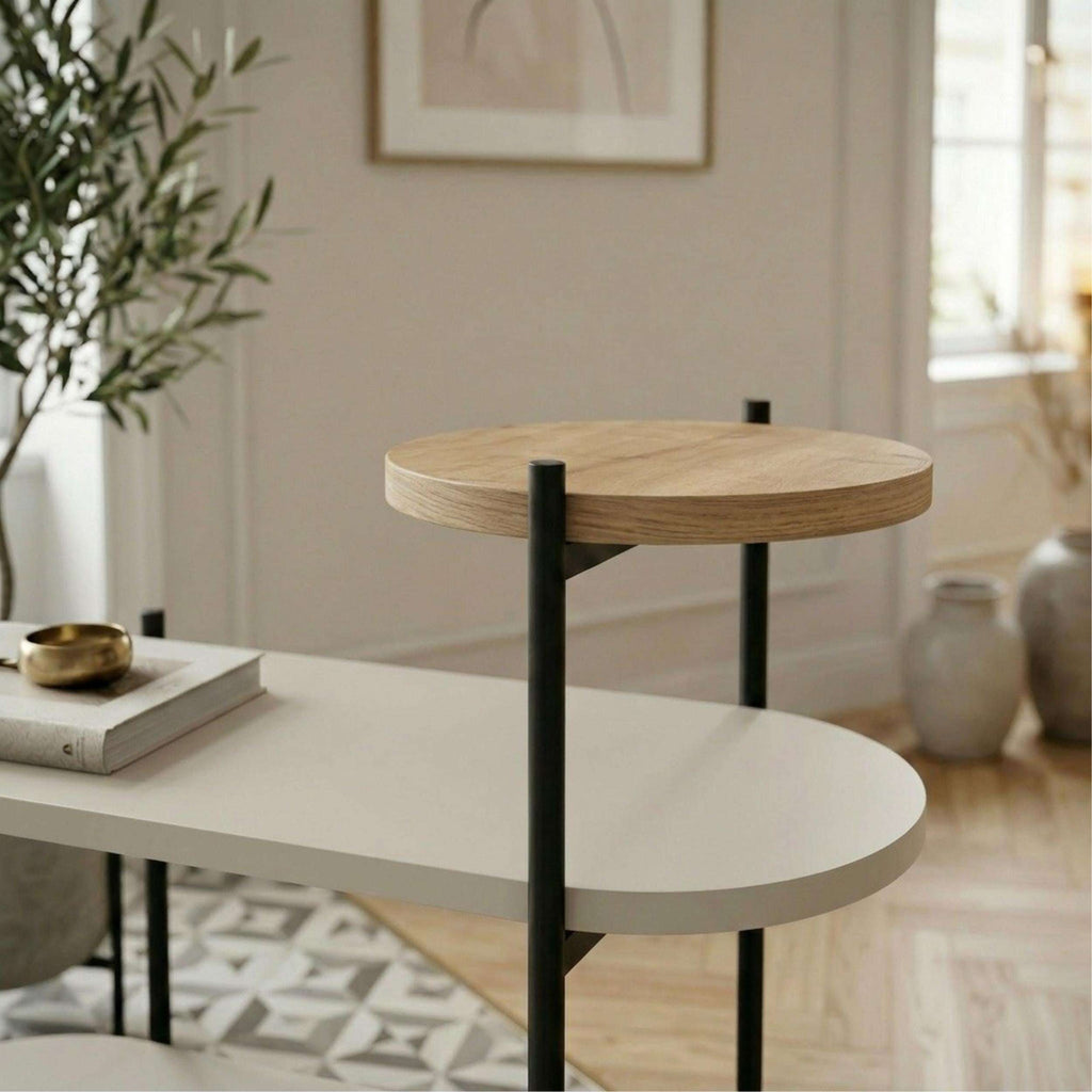 Light oak 3-tier display side table with black metal legs and three round shelves