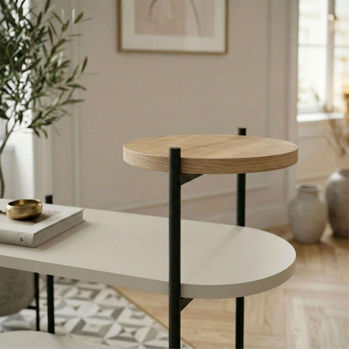 Light oak 3-tier display side table with black metal legs and three round shelves