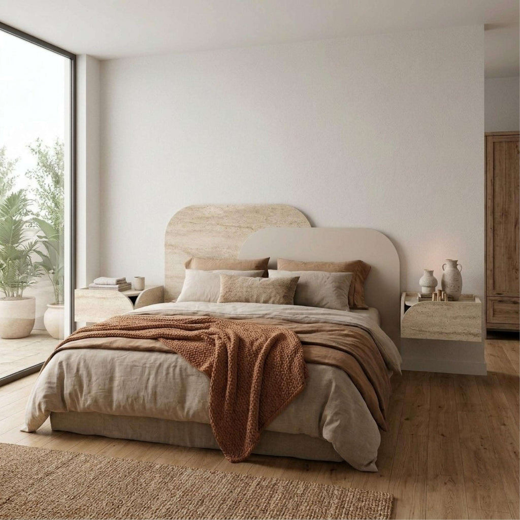 Curved stone-look king-size wall headboard, light sandstone/beige with rounded top