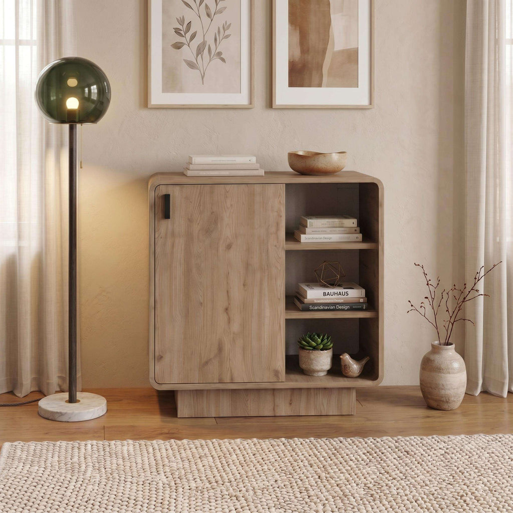 Natural oak sideboard cabinet with open shelves and rounded top front edge