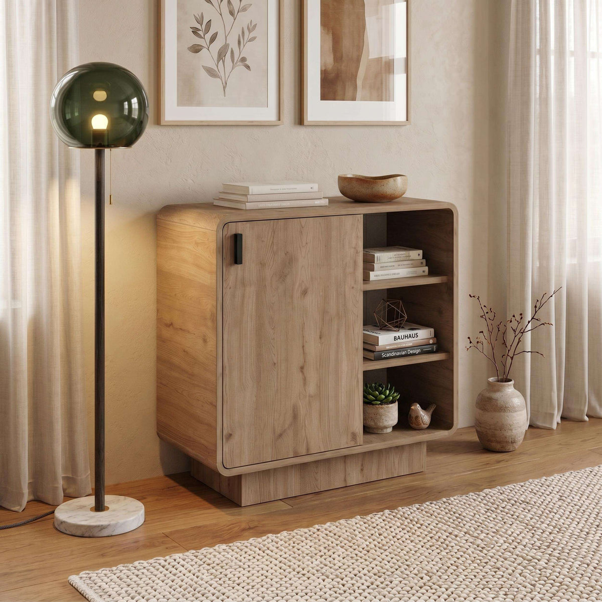 Natural oak sideboard cabinet with rounded edges and open shelving behind doors