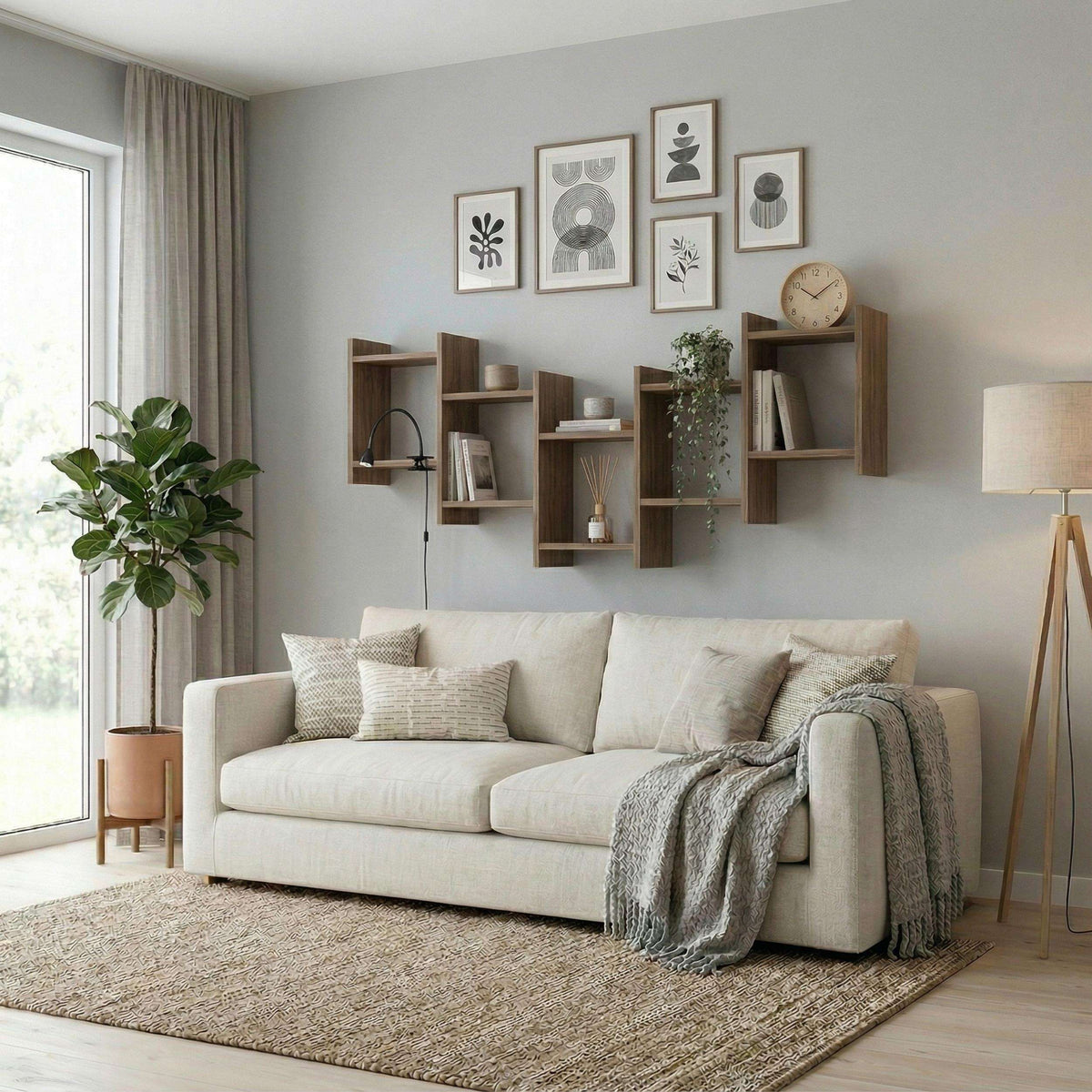 Wall-mounted floating cube shelf with open square compartments, warm wood finish
