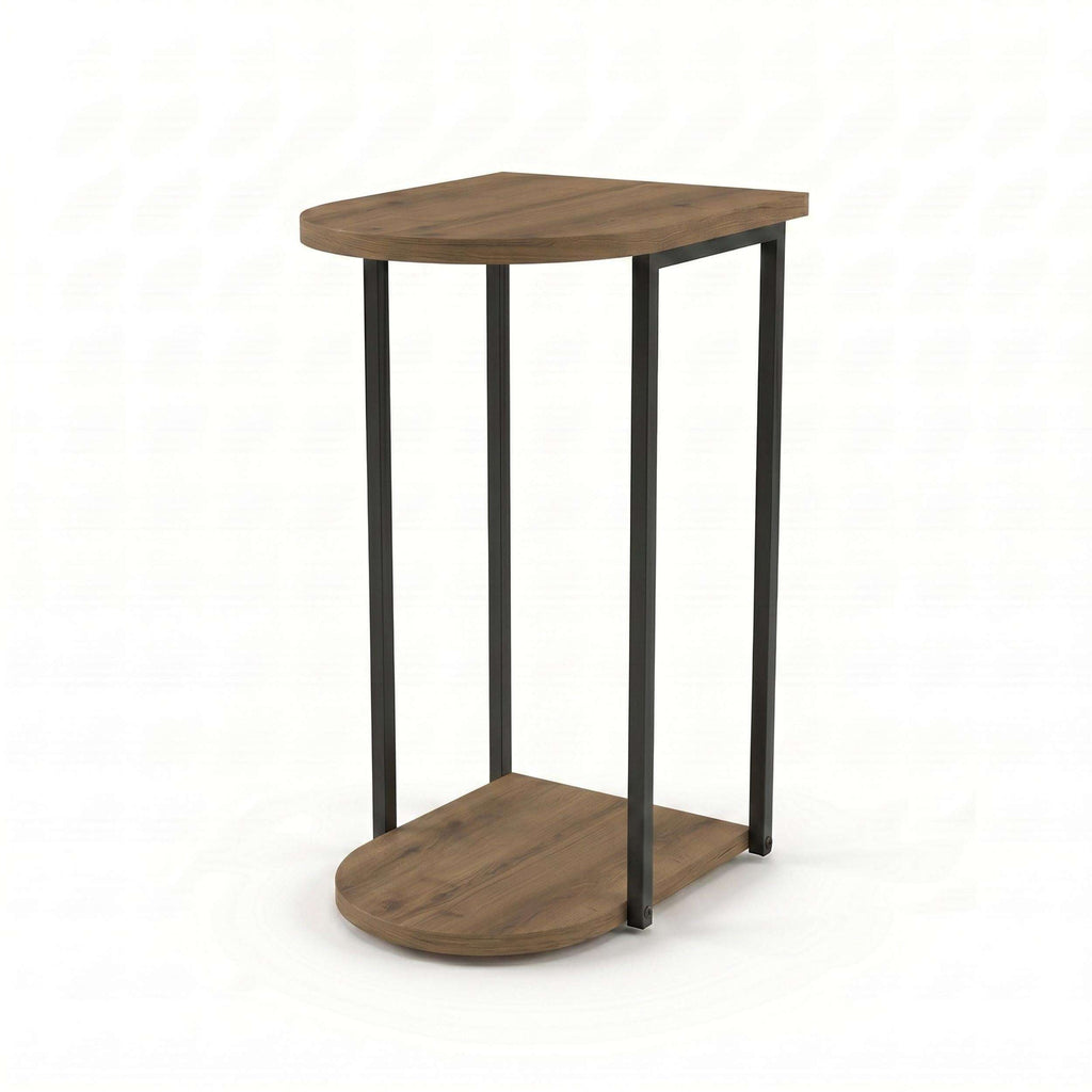 C-shaped side table with round top and bottom shelf, dark metal legs, brown wood finish