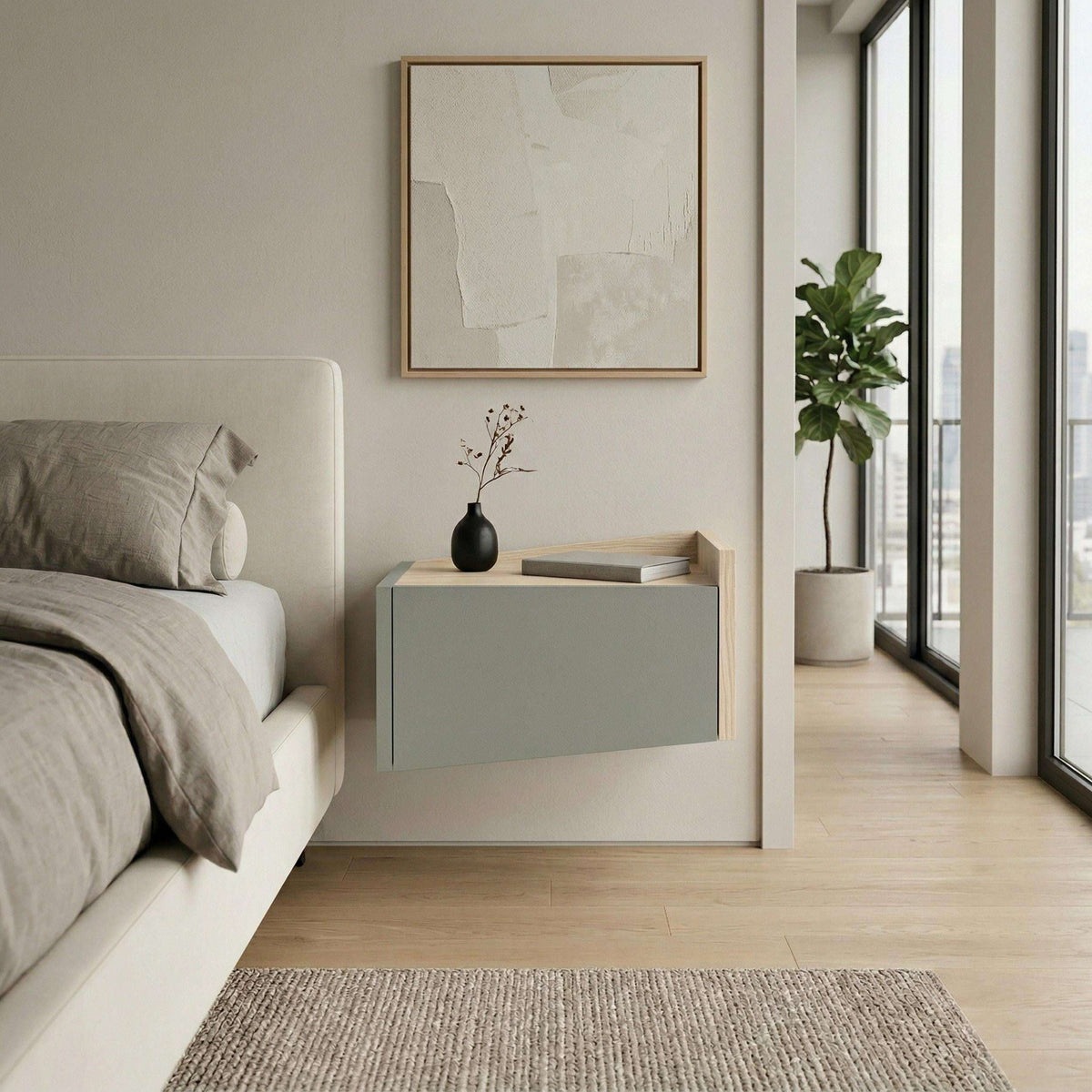 Right-side floating bedside table with drawer and top shelf, ash green front.