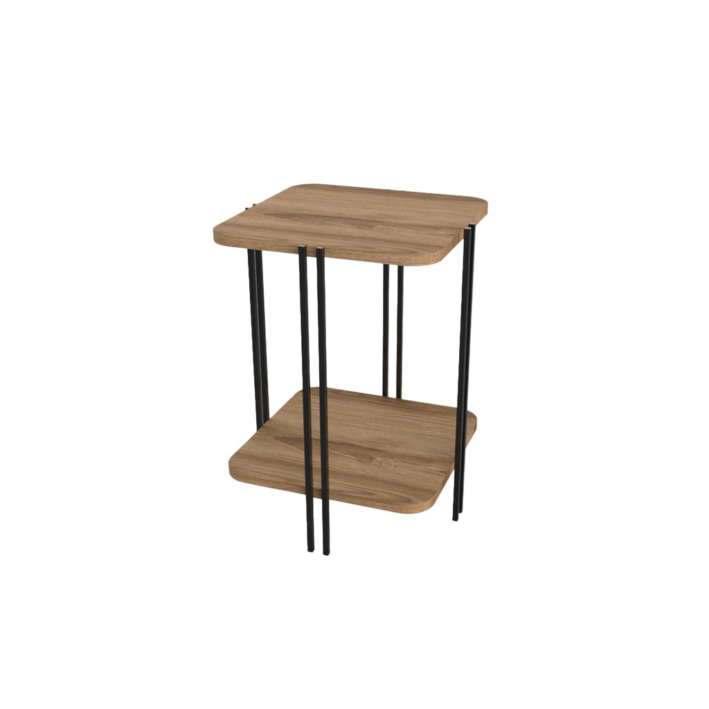 Medium wood 2-tier side table with black metal legs and a lower shelf.