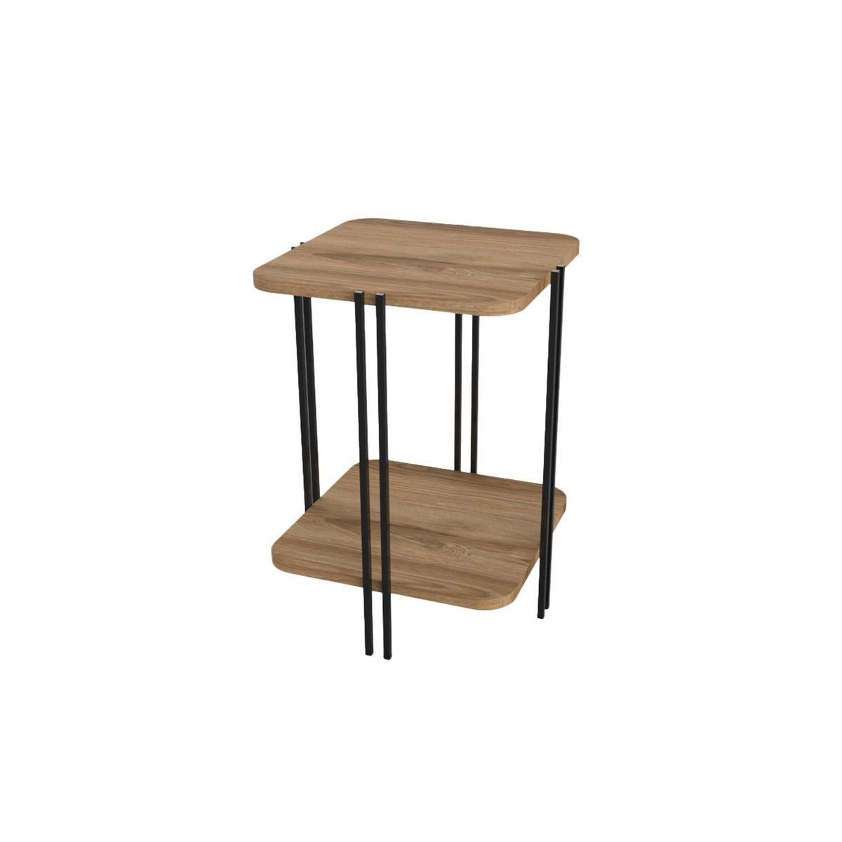Medium wood 2-tier side table with black metal legs and a lower shelf.