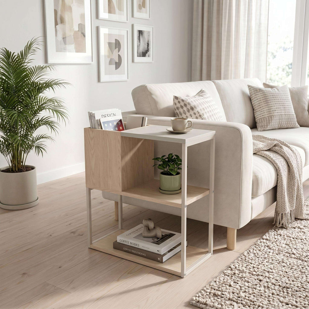 Light wood side table with storage shelves and open cubbies