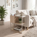 Light wood side table with storage shelves and open cubbies