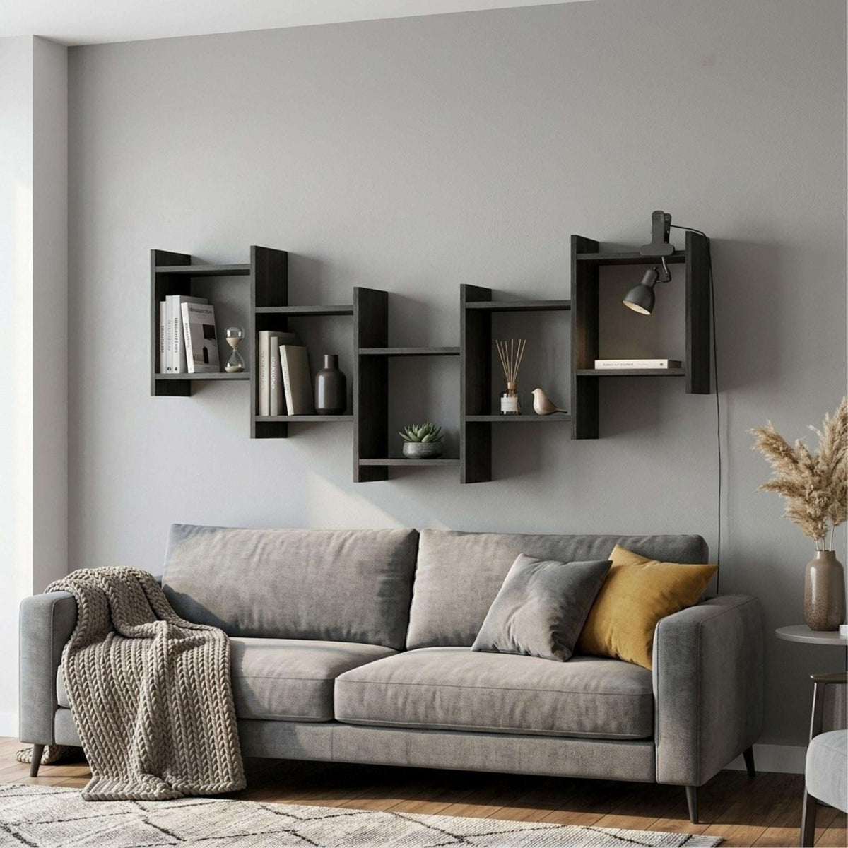 Wall-mounted floating cube shelf set with open square compartments, dark gray finish
