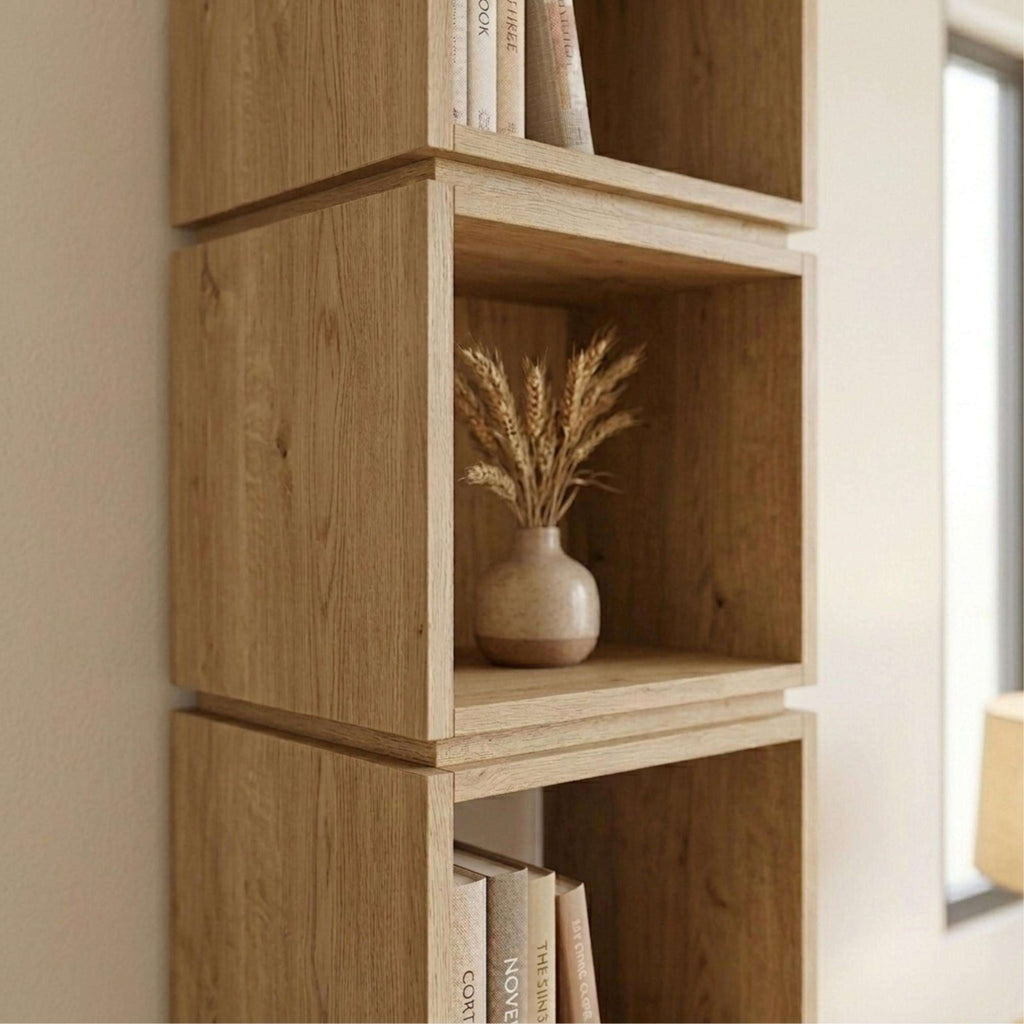 Oak tall bookcase close-up with open shelf and small decorative vase