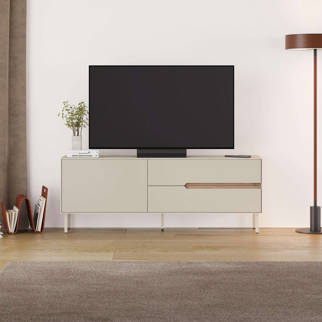 Modern TV stand with light sand media cabinet, natural oak shelf, open compartments and legs
