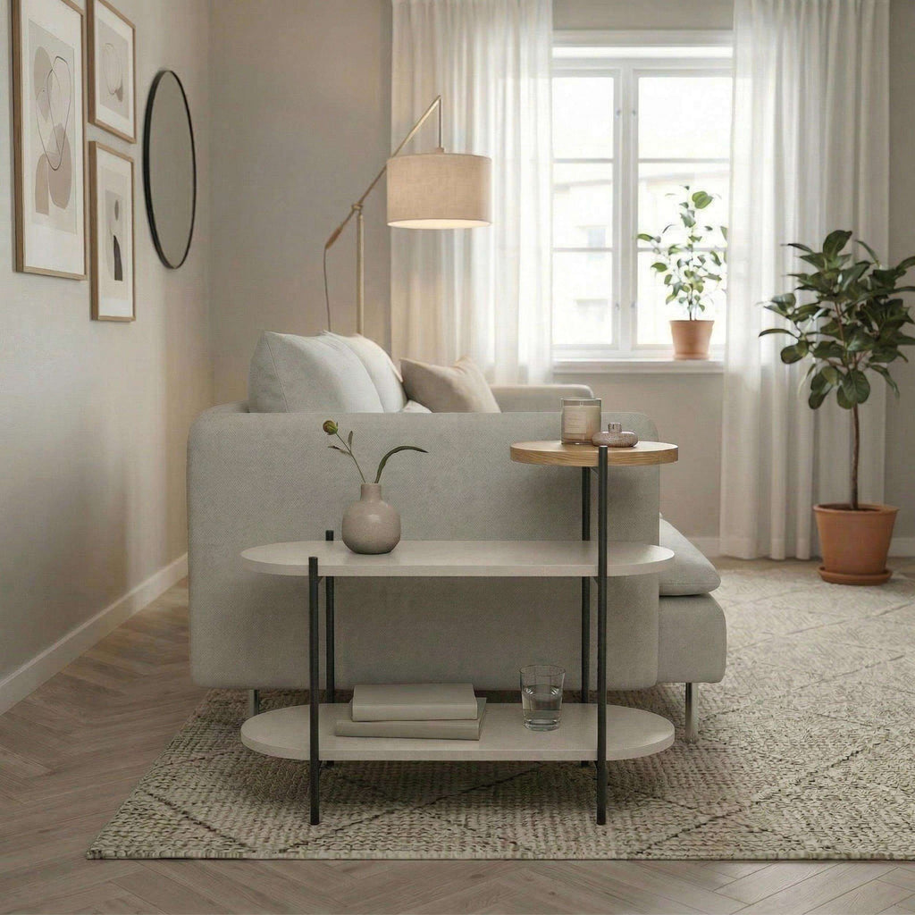 Somo 3-tier display side table with black metal frame and round glass shelves