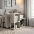 Sandstone mini bookcase side table with 3 open cubby shelves and side compartments