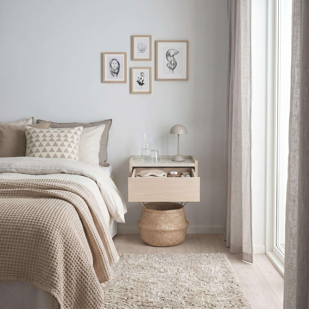 Floating bedside table with drawer and top shelf, light wood in bedroom corner