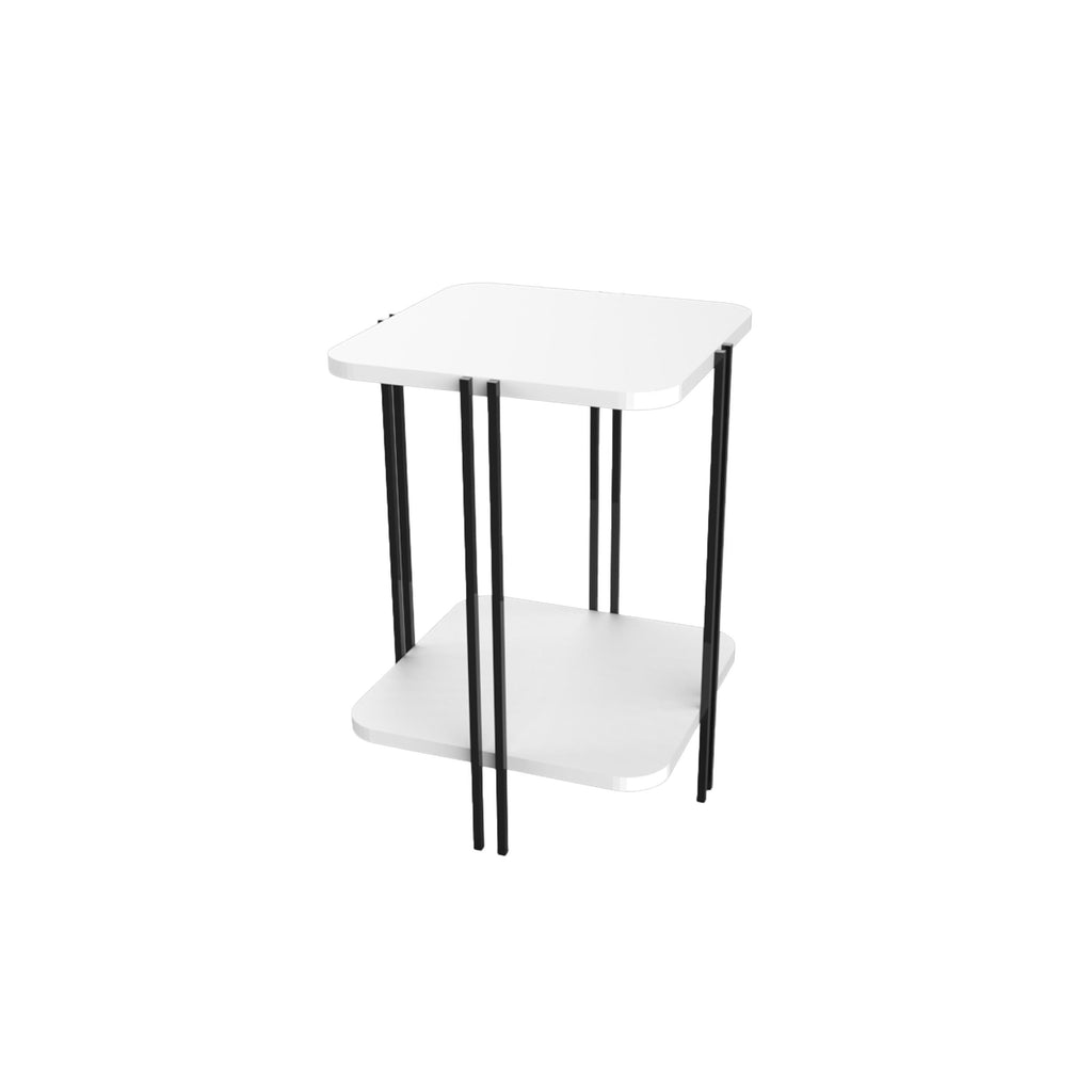 White 2-tier side table with black metal legs and a lower shelf.