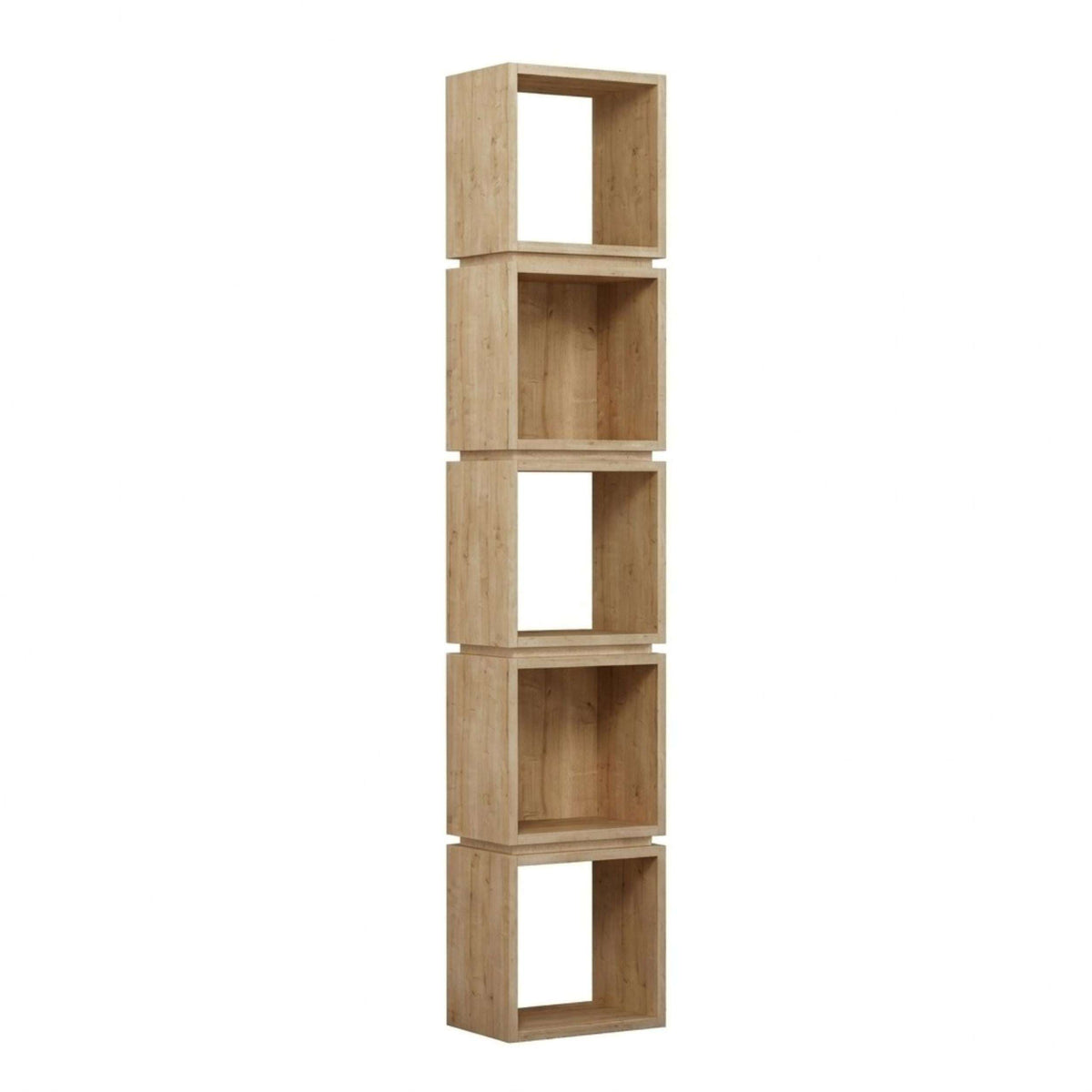 Light oak tall bookcase with stacked open cubby shelves and square openings