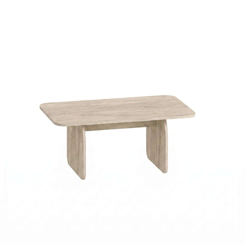 Light oak radius coffee table with rounded rectangular top, simple block legs