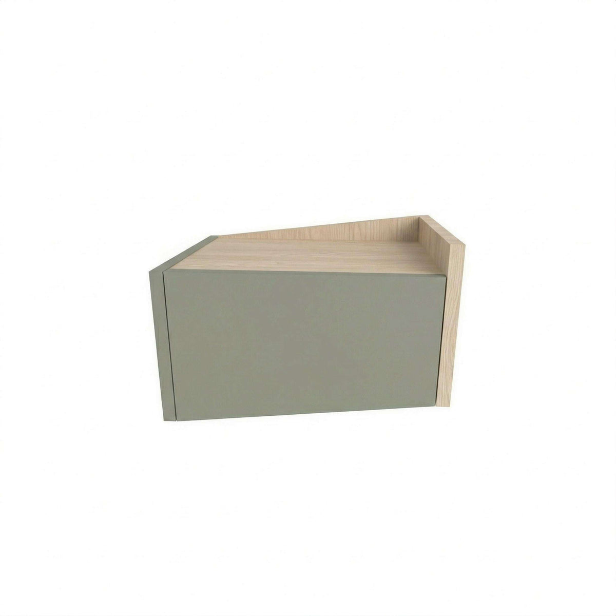 Floating bedside table with drawer and top shelf, ash green body and oak top
