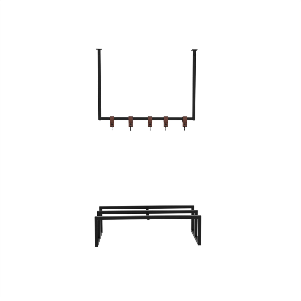 Black wall rail with two vertical posts and five hanging hooks