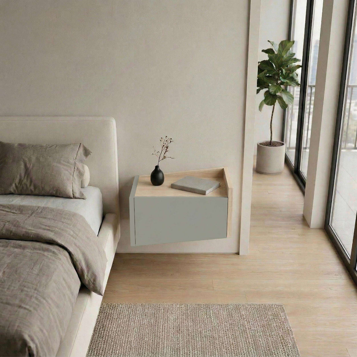 Floating bedside table with drawer and top shelf beside bed, white and oak