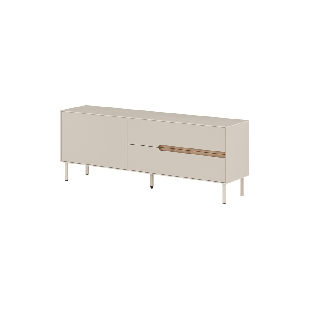 Modern TV unit studio view with light sand finish, two-door storage, single drawer, slim legs.